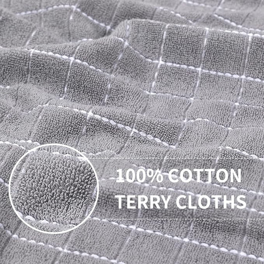 Homaxy 100% Cotton Terry Kitchen Towels(Light Grey, 13 x 28 Inches), Checkered Designed, Soft and Super Absorbent Dish Towels, 4 Pack