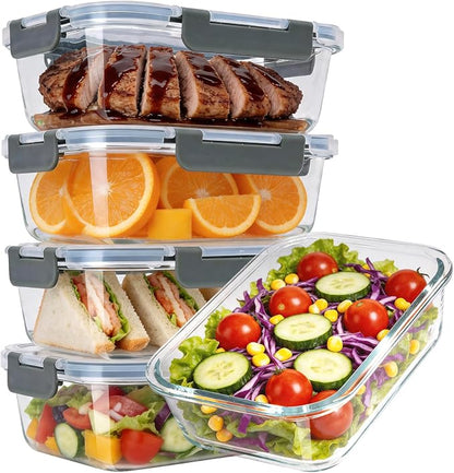 5-Pack 36oz Glass Food Storage Containers with Lids Airtight, Glass Meal Prep Containers Reusable, Leak-Proof Lunch Containers, BPA Free Borosilicate Glass, Microwave Oven Freezer Dishwasher Safe