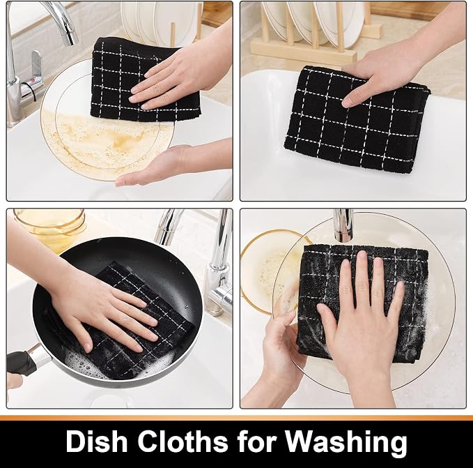 Mordimy 100% Cotton Terry Cloth Dish Cloths, Soft and Absorbent Checkered Dish Towels, Quick Drying Dish Rags for Washing Dishes, 12 Pack, 12 x 12 Inches, Black