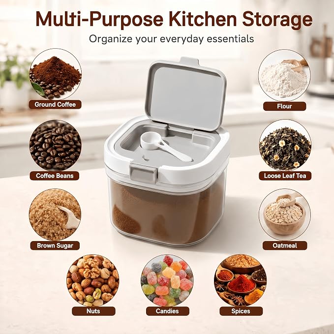 Airtight Brown Sugar Container with Spoon - 27 Fl Oz (800ml) Clear Storage Jar for Pantry - BPA-Free AS Material Perfect for Ground Coffee (Holds 12 oz Weight), Beans, Flour & Tea