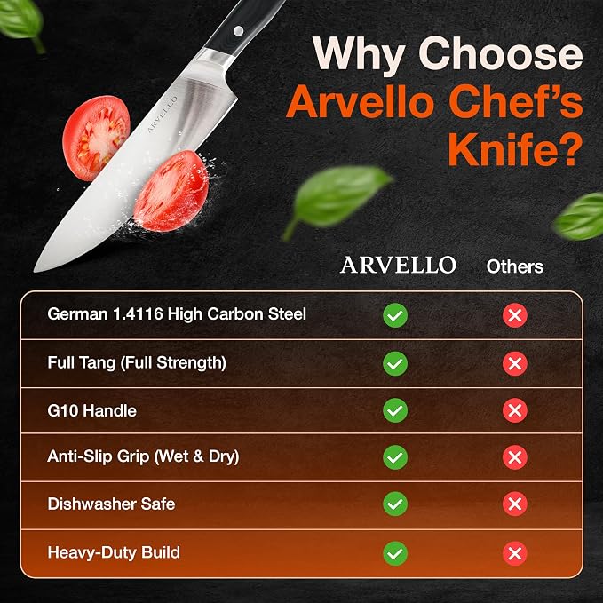 ARVELLO 8-inch Chef Knife- Full Tang- German High Carbon Stainless Steel- G10 Handle with Three Rivet, Multipurpose Kitchen Knife