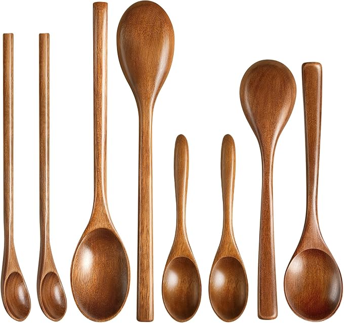 MORGLES 8Pcs Small Wooden Spoons Set – 4 Sizes & Shapes for Honey, Coffee, Tea, Soup & Oatmeal | 2 Round Spoons Included | Handcrafted, Food-Safe Finish