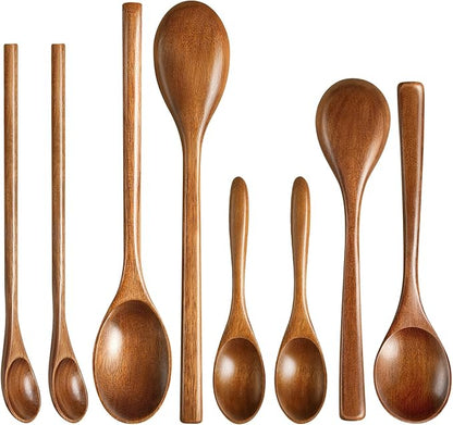 MORGLES 8Pcs Small Wooden Spoons Set – 4 Sizes & Shapes for Honey, Coffee, Tea, Soup & Oatmeal | 2 Round Spoons Included | Handcrafted, Food-Safe Finish