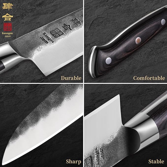 kanngou 7 Inch Santoku Knife, Black Forged Japanese Chef Knife with AUS-8 Alloy Steel, Japanese Santoku Knife with Full Tang Pakkawood Handle, Christmas Gift with Premium Box (7 Inch Santoku Knife)
