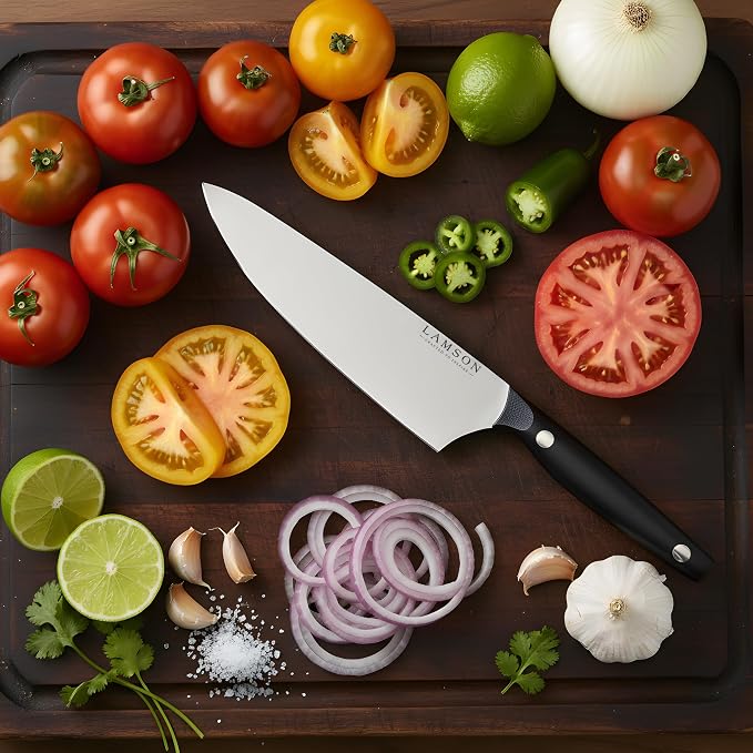 Lamson Vintage 8" Chef's Knife, Hi-Carbon Stainless Steel Blade, Double Riveted for Balance, Ideal for Dicing, Slicing & Chopping, Kitchen Knives - Midnight Handle