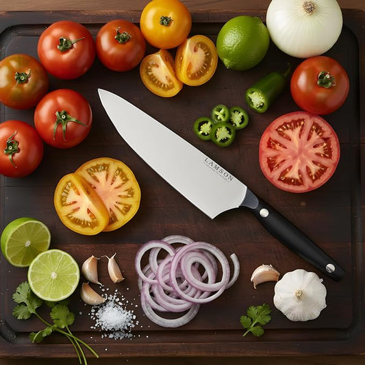 Lamson Vintage 8" Chef's Knife, Hi-Carbon Stainless Steel Blade, Double Riveted for Balance, Ideal for Dicing, Slicing & Chopping, Kitchen Knives - Midnight Handle