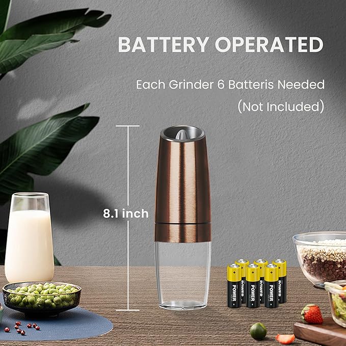 Battery Operated Salt And Pepper Grinder Set with LED Light, Automatic Electric Gravity Salt And Pepper Shakers Set, Each 6 AAA Batteries Needed, Adjustable Roughness, 2 Pack (Copper)