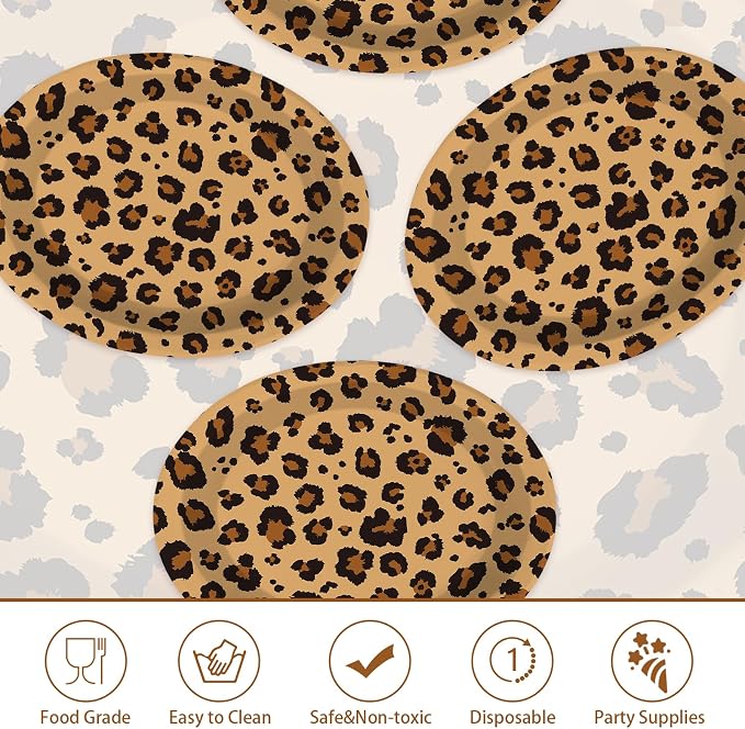50Pcs Cheetah Print Oval Paper Plates 10" x 12" Large Disposable Heavy Duty Brown Leopard Print Paper Platter Safari Animal Leopard Dessert Plate for Cheetah Birthday Baby Shower Party Decorations