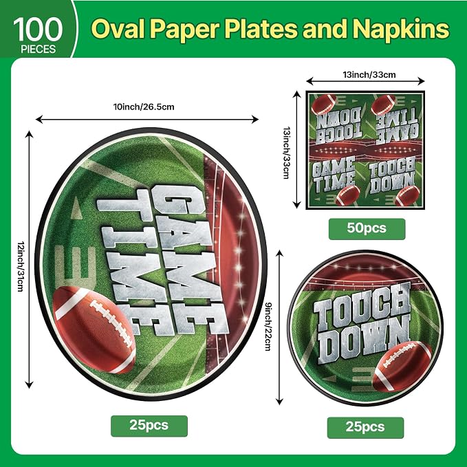 Dereinwo 100 PCS Football Party Paper Plates and Napkins | Bundle Includes Paper Oval Dinner Plates Dessert Plates and Napkins for Football Party Supplies