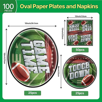 Dereinwo 100 PCS Football Party Paper Plates and Napkins | Bundle Includes Paper Oval Dinner Plates Dessert Plates and Napkins for Football Party Supplies