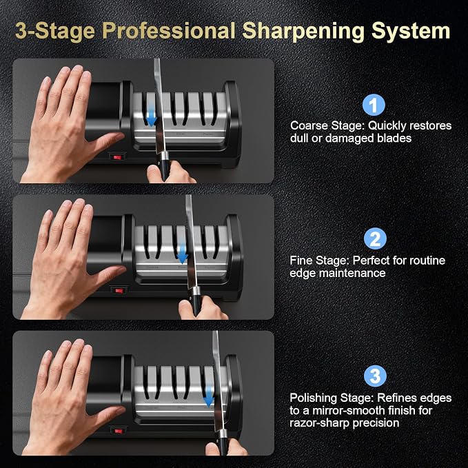 Knife Sharpener Electric for Kitchen Knives, with 100% Diamond Abrasives and Precision Angle Guides, 3-Stage Professional Automatic Quickly Sharpening/Polishing