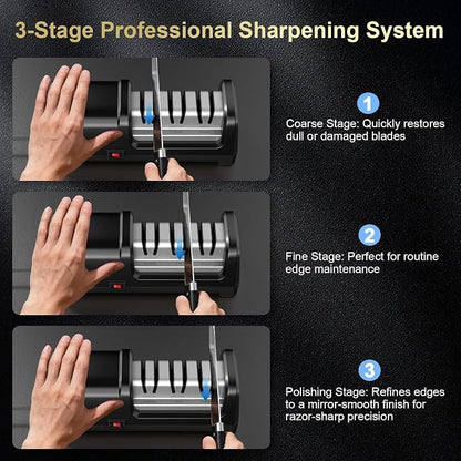Knife Sharpener Electric for Kitchen Knives, with 100% Diamond Abrasives and Precision Angle Guides, 3-Stage Professional Automatic Quickly Sharpening/Polishing