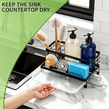 Cisily Black Sponge Holder for Kitchen, Sink Caddy Sink Organizer Rack for Kitchen Accessories with Drip Tray, Rustproof and Non-slip, Soap Dispenser Countertop Organizer Essentials for New Home