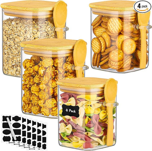Glass Jars with Airtight Lid - 4 Pack 28 Fl.oz Square Glass Jar with Bamboo Lids and Spoon, Includes Labels and Marker, Flour Sugar Storage Containers for Cereal, Tea, Snacks, Pantry Canister