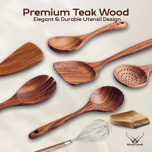 8 Pcs Teak Wooden Utensil Set – Premium Wooden Cooking Utensils Set, Natural Wooden Spoons for Cooking - Sturdy Kitchen Utensils & Cooking Spoons for Every Chef