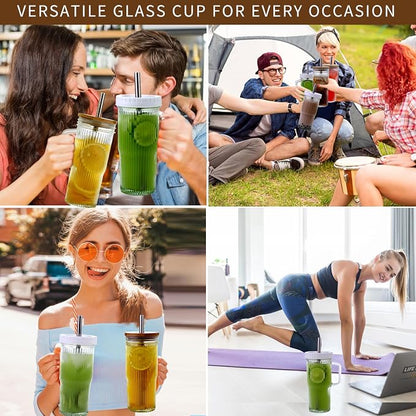 24oz Ribbed Glass Tumbler With Handle,4Pack Glass Cup with Lids and Straws,Reusable Glass Iced Coffee Cups With lids,Mason Jar Cup&Drinking Glasses for Smoothie,Shake,Juice,Soda Water,Tea,Travel Cup
