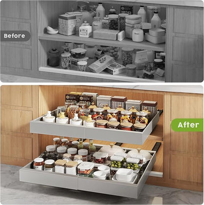 Seinloes 4 Pack Pull Out Cabinet Organizers 21" Deep With Raising Pad for Framed Cabinets, Expandable Slide Out Drawers with 4pcs Divider Racks, Roll Out Shelves, Adjustable Width 12"-20.45" Silver