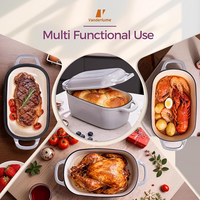4.6-Quart Oval Dutch Oven for Bread Baking, 2 in 1 Cast Iron Bread Pan with Lid, Sourdough Baking Pan for a Crispy Crust, Oyster Grey