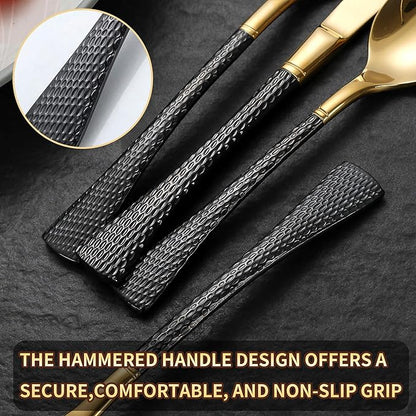 Lemeya Hammered Black Gold Silverware Set,30 Piece Modern Flatware Set Service for 6,Mirror Polished Stainless Steel Cutlery Set Utensil Set,Kitchen Knives Forks Spoons Set,Dishwasher Safe