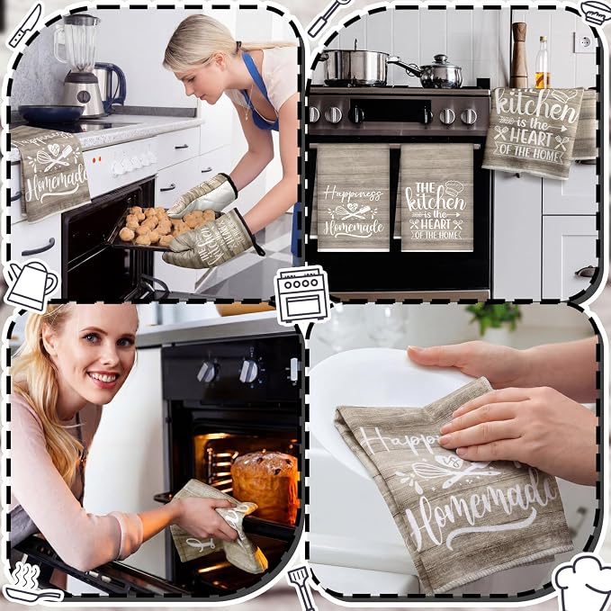 Sratte 6 Pcs Kitchen Decor Accessories Set Farmhouse Towels Pot Holders Oven Mitts Set 2 Dish Towels 2 Potholders 2 Cooking Mittens Oven Glove for Christmas Baking Cooking(Brown Wood Grain)