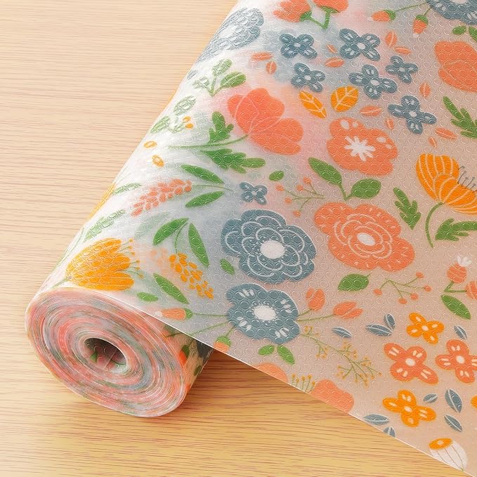 INNOLITES Shelf Liner for Kitchen Cabinets, Non-Adhesive Drawer Liner, Waterproof Washable EVA Floral Pattern, Protect Dresser Cupboard Refrigerator Shelves (Honey Coral Blue, 11.8" x 120")