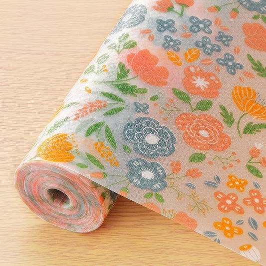 INNOLITES Shelf Liner for Kitchen Cabinets, Non-Adhesive Drawer Liner, Waterproof Washable EVA Floral Pattern, Protect Dresser Cupboard Refrigerator Shelves (Honey Coral Blue, 11.8" x 120")