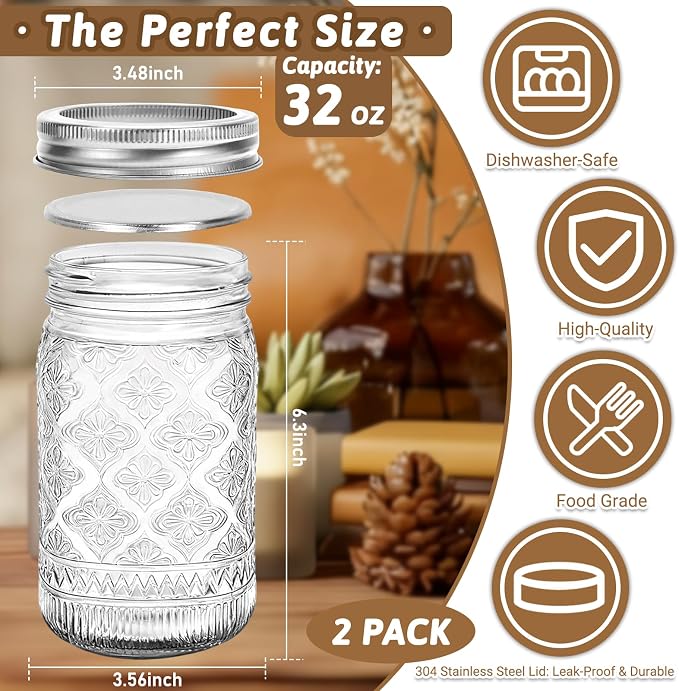 32 oz Mason Jars with Stainless Steel Split Lid, 2-Pack – Wide Mouth Quart Glass Canning Jars, Airtight Seals for Food Storage, Fermenting, Pickling, Kimchi & Sourdough Starter