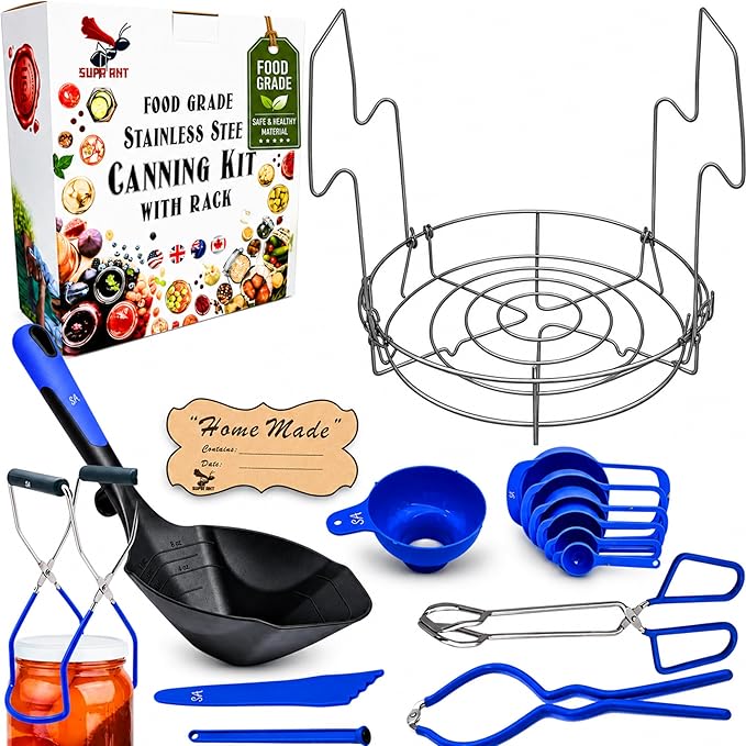 Supa Ant Blue Canning Supplies Starter Kit-10 pc Canner Accessories with Canning Rack for Jars, XL Ladle, Wide Mouth Jar Funnel, Jar Lifter & Wrench, Bubble Popper/Measurer, Lid Lifter, Kitchen Tongs