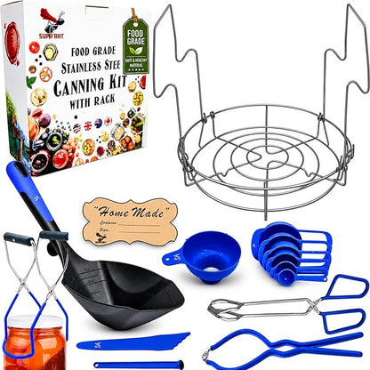 Supa Ant Blue Canning Supplies Starter Kit-10 pc Canner Accessories with Canning Rack for Jars, XL Ladle, Wide Mouth Jar Funnel, Jar Lifter & Wrench, Bubble Popper/Measurer, Lid Lifter, Kitchen Tongs