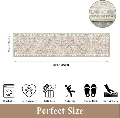 2x8ft Kitchen Runners Rugs Non Skid Washable – Boho Floral Stain-Resistant Low-Pile Carpet Runner for Hallway, Bathroom, Bedroom, Entryway (Beige, 2x8)