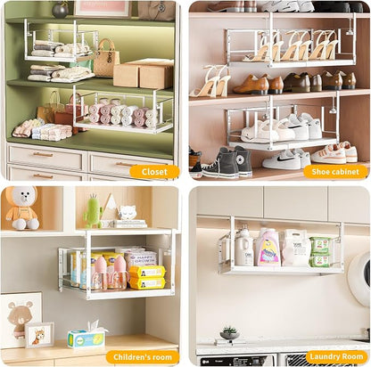 prueBox Under Shelf Storage Basket Organizer Adjustable Hanging Holder with Knob Lock, Heavy Duty Metal Panel for Pantry, Kitchen, Office, Closet, 11.8"-19.3" Wide, White, 1 Pack
