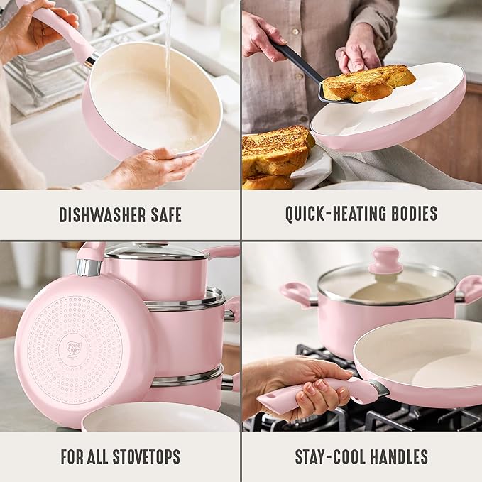 GreenLife 16-Piece Nonstick Cookware Set, Non-Toxic Ceramic Pots and Pans Set, Durable Healthy Kitchen Essentials, Fast Heating, Induction Ready, Easy Clean Dishwasher Safe, PFAS-Free, Blush Pink