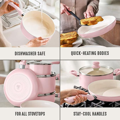 GreenLife 16-Piece Nonstick Cookware Set, Non-Toxic Ceramic Pots and Pans Set, Durable Healthy Kitchen Essentials, Fast Heating, Induction Ready, Easy Clean Dishwasher Safe, PFAS-Free, Blush Pink