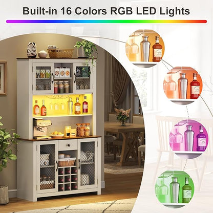 VilroCaz 70.9" Tall Farmhouse Kitchen Pantry Buffet Cabinet with Doors, Drawer and Shelves Wine Rack, Wooden Kitchen Hutch Cabinet with LED Outlets for Dining Room (White-R)
