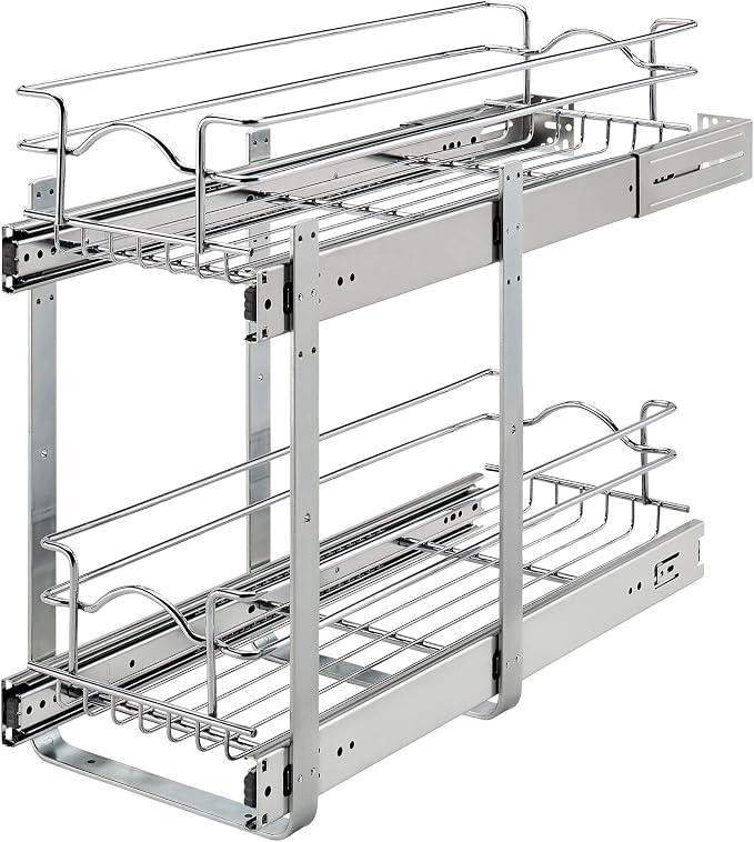 Rev-A-Shelf 2-Tier Pullout Shelf and Drawer Organizer for Kitchen Cabinets, Slide Out Storage Basket, Min Opening Width of 8.5", 9" x 22", 5WB2-0922CR-1
