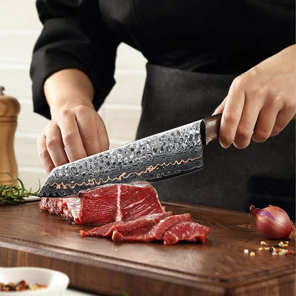 Wakoli Kawa Damascus Kitchen Knife Set, 3-Piece Professional Chef Knife Set with Copper Inlay | 67-Layer Damascus Steel with VG10 Core | Maple Stabilized Wood Handles | Gift Box
