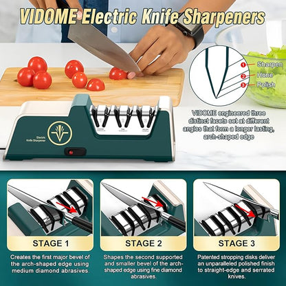VIDOME Professional Electric Knife Sharpener with 100% Diamond Abrasives, 3-Stage Precision Angle Guides, Champagne Gold, for Kitchen Straight Edge and Ceramic Knives