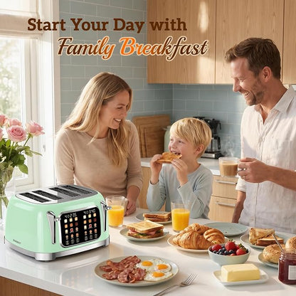RONGBEST Retro Stainless Steel Toaster 4 Slice with Wide Slot Touch Screen, 6 Browning Levels for Breakfast Bagel & Bread, Reheat & Defrost, Removable Crumb Tray, Mint Green
