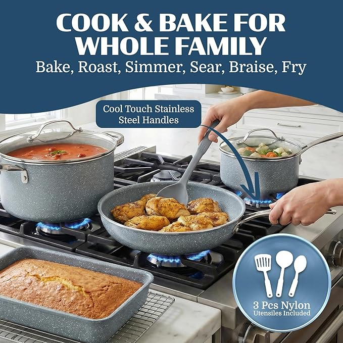 20 Pc Pots and Pans Set Nonstick - Granitestone Ceramic Cookware Set Induction Compatible with Bakeware, Utensils & Steamer, Non Toxic PFOA PFOS PFAS PTFE Free, Oven Safe to 500°F Dishwasher Safe Gray