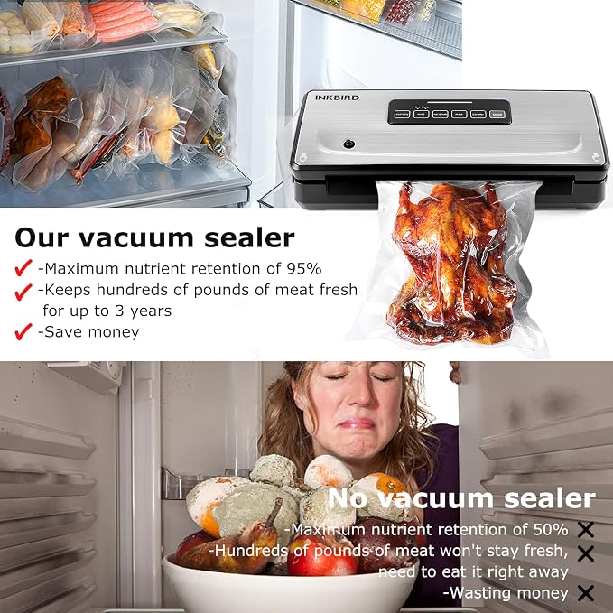Food Vacuum Sealer Machine 10-In-1 with Bag Storage(Up to 20FT) and Cutter, INKBIRD Food Sealer Vacuum Sealer for Food with Moist/Dry/Canister 5 Food Modes, Starter Kits Bags*5 and Bag Roll*1, 85KPa