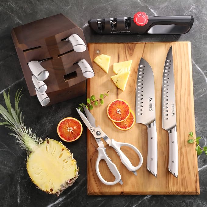 Cangshan HELENA Series 10-Piece German Steel Forged Knife Block Set, White, Full Tang Kitchen Knife Set with Acacia Wood Block and Sharpener