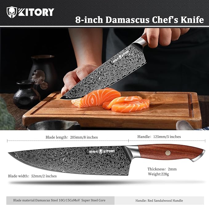 Kitory Chef Knife 8 Inch 73-Layer Damascus HC Steel Core Full Tang Red Sandalwood Handle Kitchen Knife Gift Box