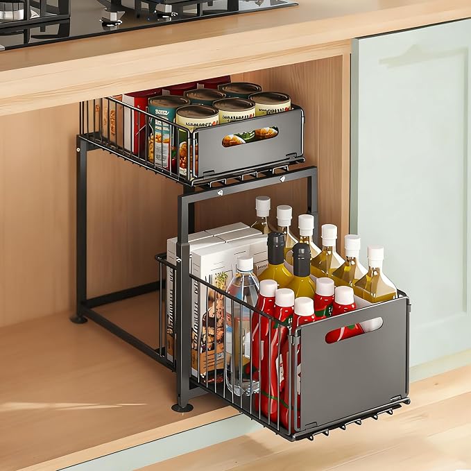 Under Sink Organizer, Pull Out Cabinet Organizer 2 Tier Slide Out Sink Shelf Cabinet Storage Shelves, Under Sink Storage for Kitchen Bathroom Cabinet, Black, 1 Pack