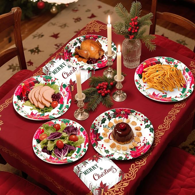 Dereinwo 100 PCS Christmas Paper Plates and Napkins | Bundle Includes Paper Oval Dinner Plates and Napkins for Christmas Party Supplies