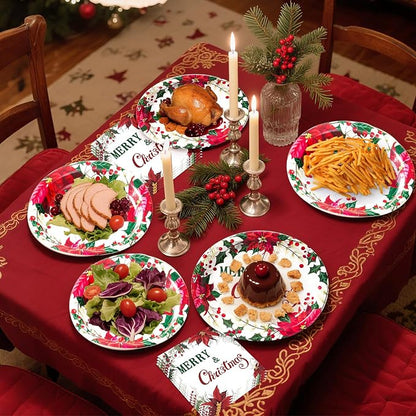 Dereinwo 100 PCS Christmas Paper Plates and Napkins | Bundle Includes Paper Oval Dinner Plates and Napkins for Christmas Party Supplies
