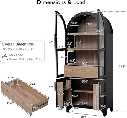 VilroCaz 71" Tall Arched Kitchen Pantry with Glass Doors and a Large Drawer, Farmhouse Kitchen Storage Cabinet with Open & Adjustable Shelves, Cupboard for Dining Room (Black-6.4)