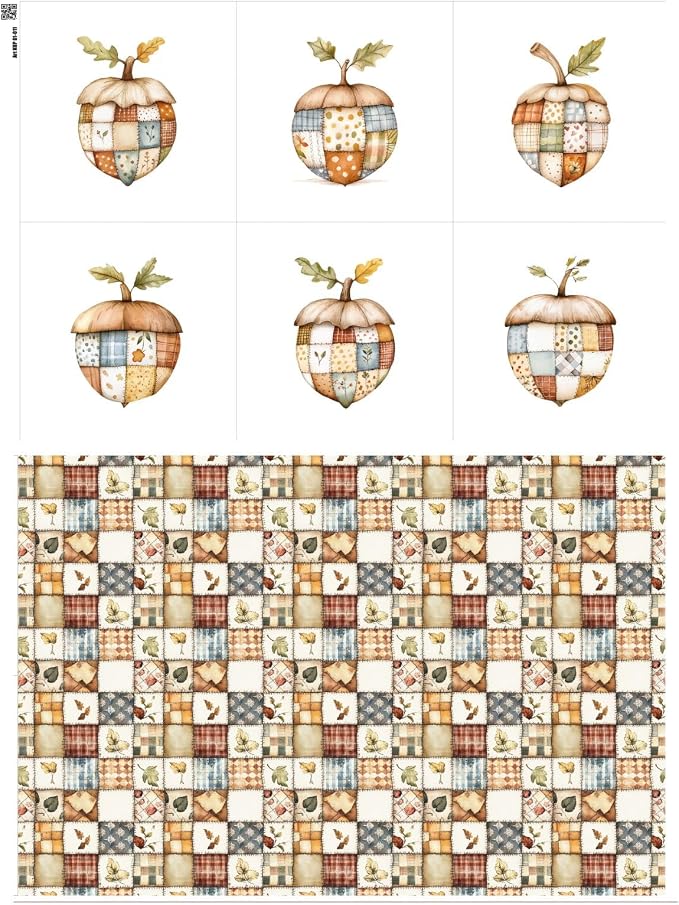 Patchwork Acorn Autumn Cotton Fabric Panel – 6 Designs (10×10 inch Each) + Bonus Sheet 29.5×19.6 inch, 100% Cotton 140 GSM, Made in Türkiye