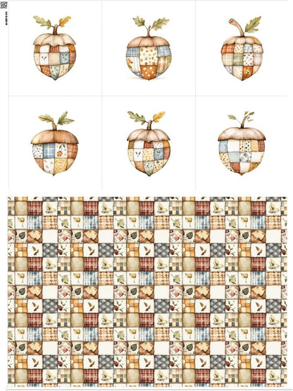 Patchwork Acorn Autumn Cotton Fabric Panel – 6 Designs (10×10 inch Each) + Bonus Sheet 29.5×19.6 inch, 100% Cotton 140 GSM, Made in Türkiye