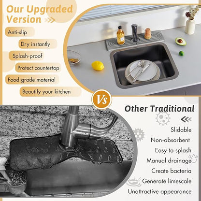 Diatomite Kitchen Sink Water Splash Guard, 18'' Drying Neat Stone Sink Tray, Modern Stylish Faucet Handle Drip Catcher Stone, Absorbent Mat for Kitchen Counter, Gift for Valentine's Day, Light Gray