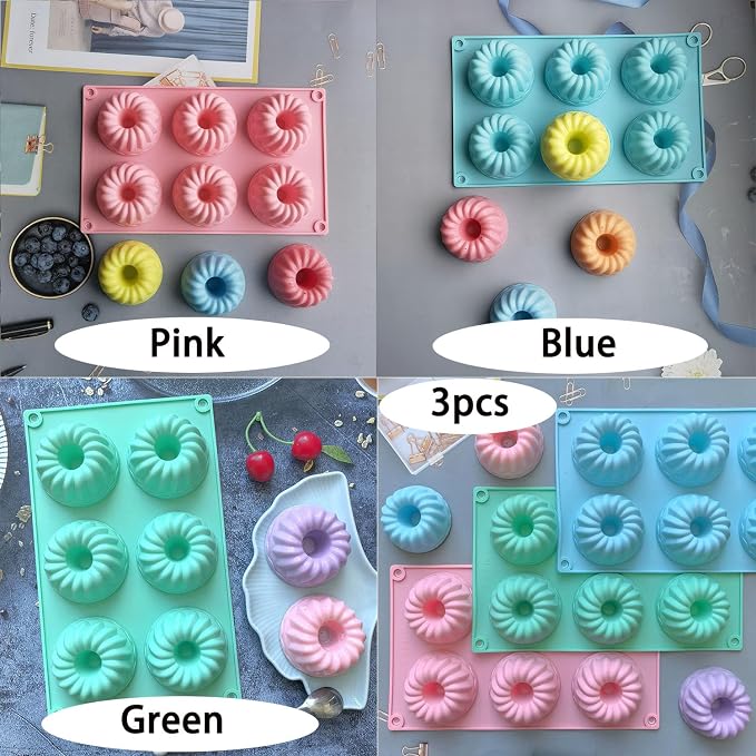 3Pcs Silicone Baking Cake Pan, 6-Cavity Nonstick Baking Molds,Mini Jello Molds Silicone,Mini Fluted Cake Pans, Cupcake Mold for chocolate, Donut, Jelly